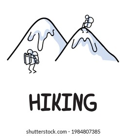 Stick figures icon of family hiking. Vacation pictogram with text