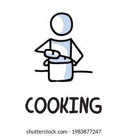 Stick figures icon of home cooking food. Chef pictogram with text
