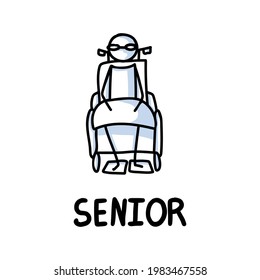 Stick figures icon of senior man hugging grandchild. Elderly embrace together support pictogram with text