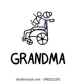 Stick Figures Icon Of Senior Woman Hugging Grandchild. Elderly Embrace Together Support Pictogram With Text