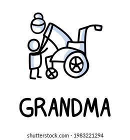 Stick Figures Icon Of Senior Woman Hugging Grandchild. Elderly Embrace Together Support Pictogram With Text