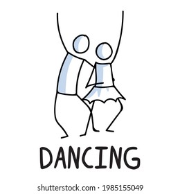 Stick figures icon of two dancers. Performers pictogram with text
