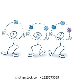 Stick figures are juggling balls