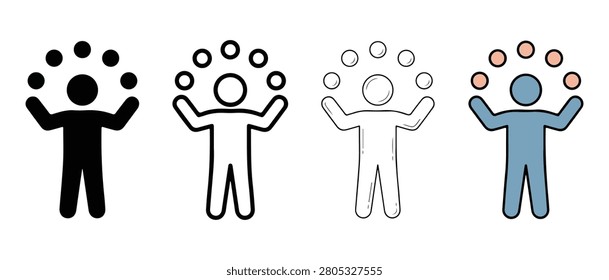 Stick figures juggling balls in different colors and styles people icons for graphic design and illustration