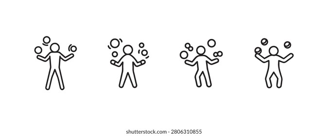 Stick figures juggling balls in different poses various stances and arm movements