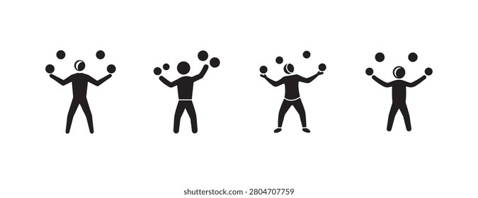  stick figures juggling multiple balls in different poses and stances isolated on white background