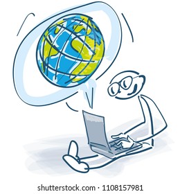 Stick figures with laptop and globe