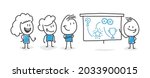 Stick figures. Lecturer gives training to office workers. Vector.
