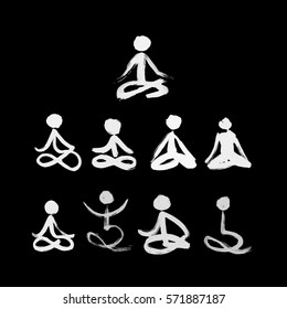 Stick figures in lotus yoga pose created by dry brush. Grunge calligraphy style. Vector illustration.