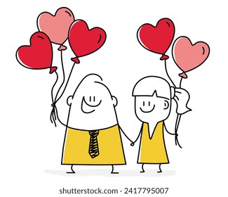 Stick figures. Loving couple with heart-shaped balloons. Love story. Future family. Cartoon style. Vector illustration.