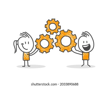 Stick figures. Male and female employee holding yellow cogwheels in their hands. Vector.