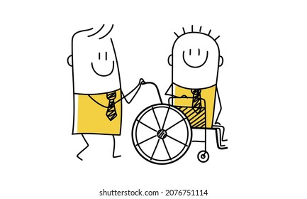 Stick figures man carries a disabled person in a wheelchair. Doodle style. Vector illustration.