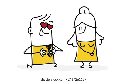 Stick figures. Man in love kneeling in front of girl. Cartoon style. Vector illustration.