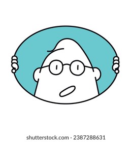 Stick figures, man surprised, peeking out of an oval frame. Cartoon style. Vector illustration.