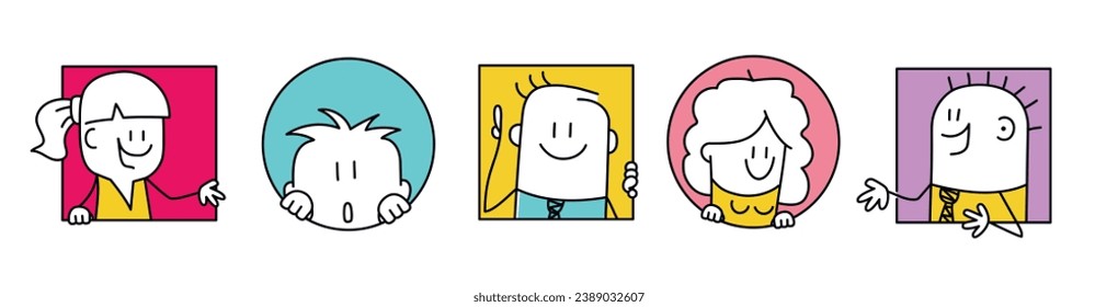 Stick figures, men and women peeping, staring, smiling cartoon characters collection. Cartoon style. Vector illustration.