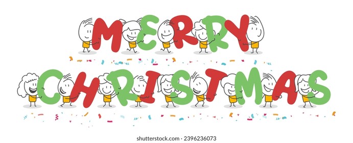 Stick figures. Merry Christmas. Isolated on blue background. Hand drawn doodle line art cartoon design character.