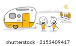 Stick figures. Mobile home for country and nature vacation. Road home Trailer. Recreational vehicle. Camping caravan car. Holiday trip concept. 