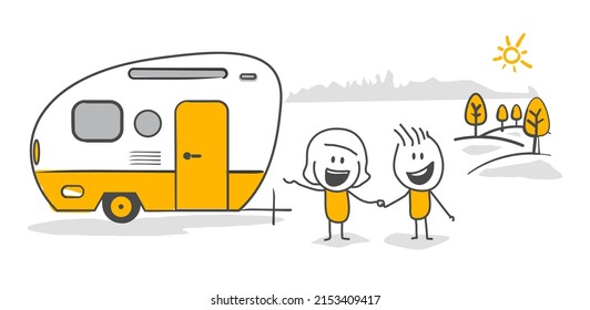 Stick figures. Mobile home for country and nature vacation. Road home Trailer. Recreational vehicle. Camping caravan car. Holiday trip concept.  - Shutterstock ID 2153409417