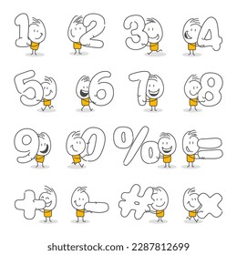 Stick figures. Numbers. Isolated on white background. Hand drawn Doodle Line Art Cartoon Design character.