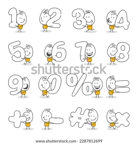 Stick figures. Numbers. Isolated on white background. Hand drawn Doodle Line Art Cartoon Design character.