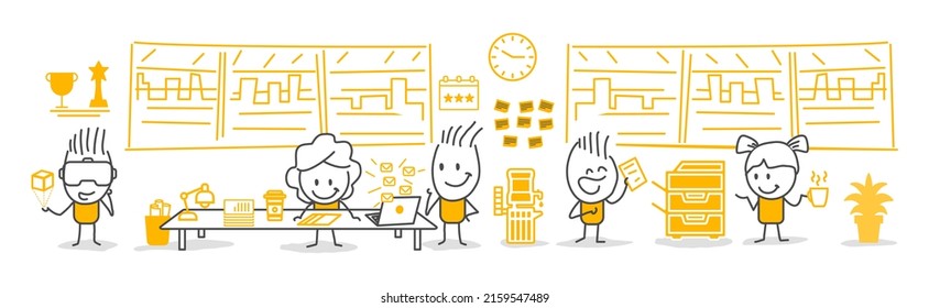 Stick figures. Office life. Interior Of Busy Modern Open Plan Office. Business People Office Working Corporate Team Concept.