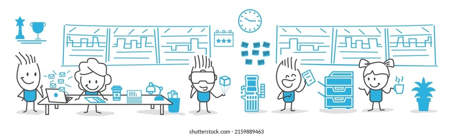 Stick figures. Office life. Interior Of Busy Modern Open Plan Office. Business People Office Working Corporate Team Concept.