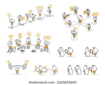 Stick figures. Office people. Isolated on white background. Hand drawn doodle line art cartoon design character.