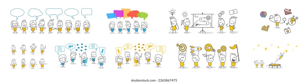 Stick figures. Office people. Isolated on white background. Hand drawn doodle line art cartoon design character.