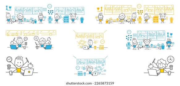 Stick figures. Office people. Isolated on white background. Hand drawn doodle line art cartoon design character.
