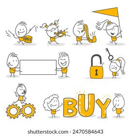 Stick figures. Office people. Isolated on white background. Hand drawn doodle line art cartoon design character.