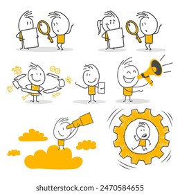 Stick figures. Office people. Isolated on white background. Hand drawn doodle line art cartoon design character.
