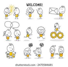 Stick figures. Office people. Isolated on white background. Hand drawn doodle line art cartoon design character.