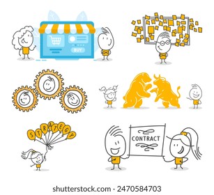 Stick figures. Office people. Isolated on white background. Hand drawn doodle line art cartoon design character.