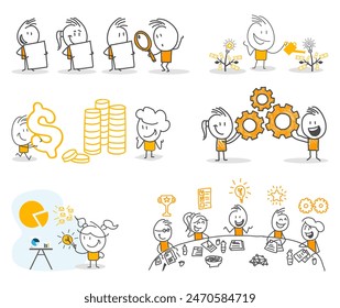 Stick figures. Office people. Isolated on white background. Hand drawn doodle line art cartoon design character.