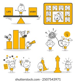 Stick figures. Office people. Isolated on white background. Hand drawn doodle line art cartoon design character.