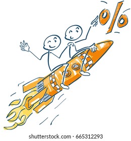 Stick figures on a rocket and flying to the percentages