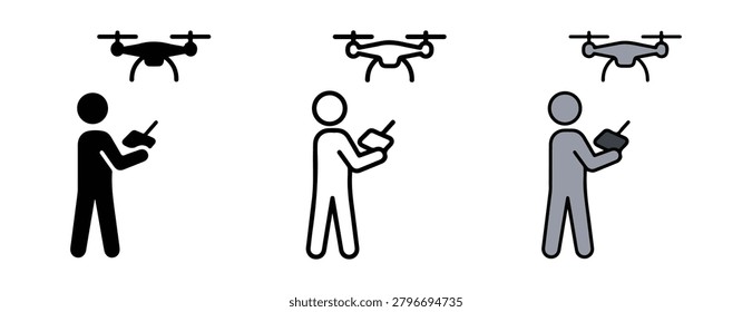 Stick figures operating drones with remote controls in different colors black gray and white