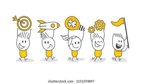 Stick figures. Organize and launch new innovation product. Starting or starting new company, business people holding winning flag, rocket ship, goal plan, light bulb idea, turning business.