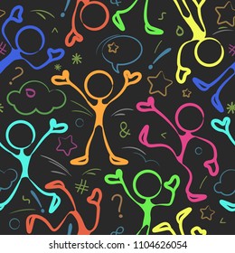 Stick figures pattern with moving human pictogram in color. Vector illustration.