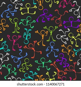Stick figures pattern with moving human pictogram in color. Vector illustration.