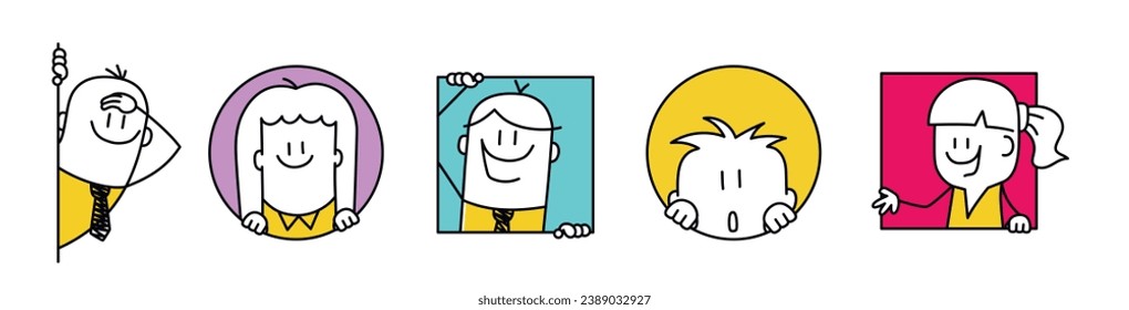 Stick figures, peeping, staring, smiling cartoon characters collection. Cartoon style. Vector illustration.