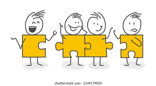 Stick figures. People connecting puzzle elements. Symbol of teamwork, cooperation, partnership. Vector.