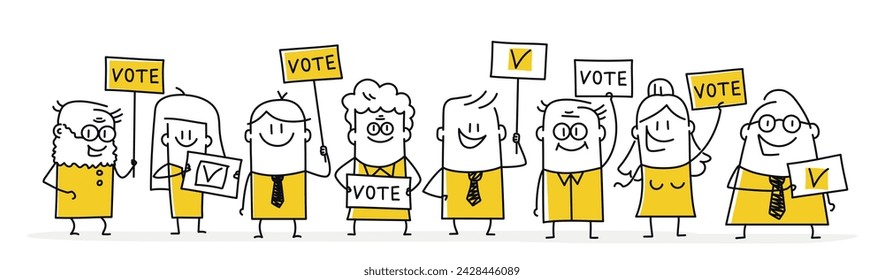 Stick figures, people of different ages hold posters calling for voting. Cartoon style. Vector illustration.