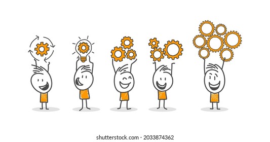 Stick figures. People of different sizes holding yellow cogwheels on their head. Vector.