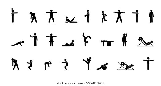 stick figures people do gymnastics set of silhouettes exercise pictogram man