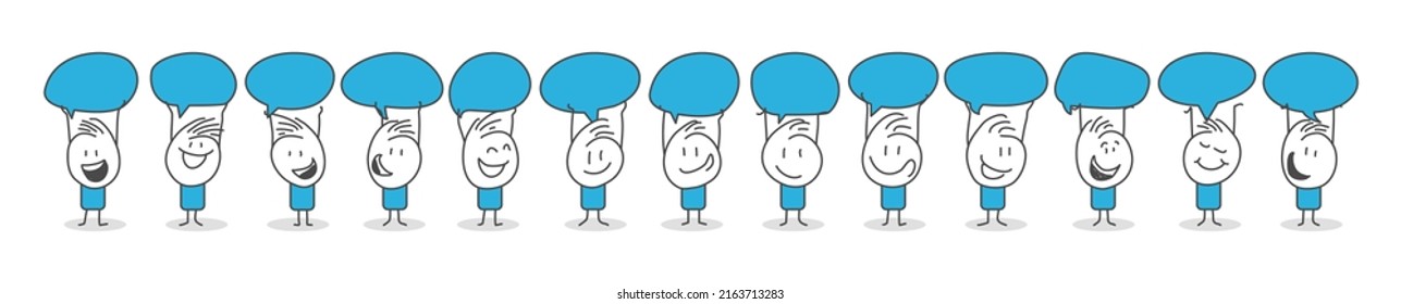 Stick figures. People Group Chat Bubble Communication. Cartoon style. Discuss social networks, news, social networks, chat, dialogue speech bubbles.