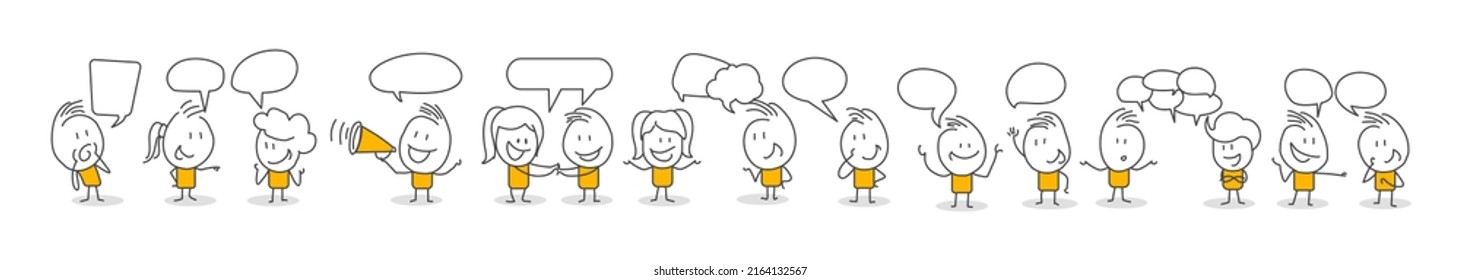 Stick figures. People Group Chat Bubble Communication. Cartoon style. Discuss social networks, news, social networks, chat, dialogue speech bubbles.