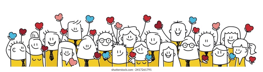 Stick figures. People Hands with hearts for charity donation. social care and charity concept. Cartoon style. Vector illustration.