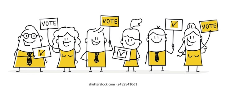 Stick figures, people holding posters calling to vote in election day. Cartoon style. Vector illustration.