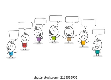 Stick figures. People with speech bubbles. Cartoon style. Social networks, news, social networks, chat, dialogue speech bubbles.